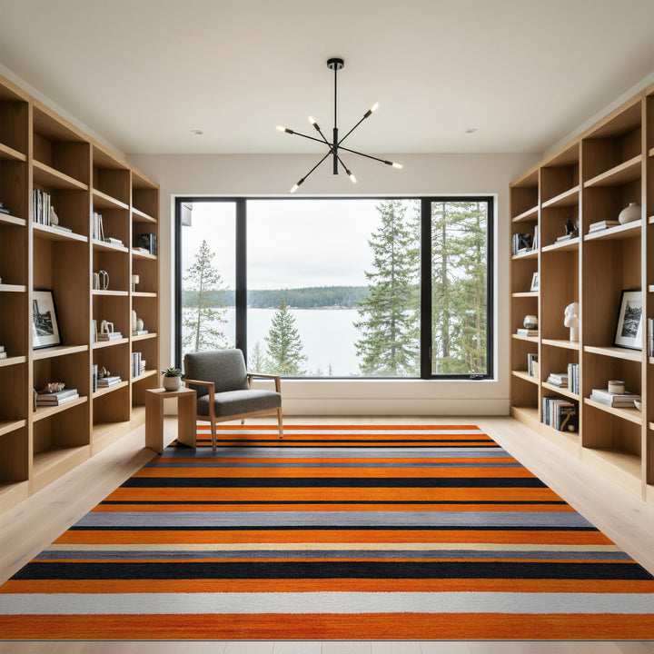Geometric Modern Orange Black Striped Geometric Area Rug