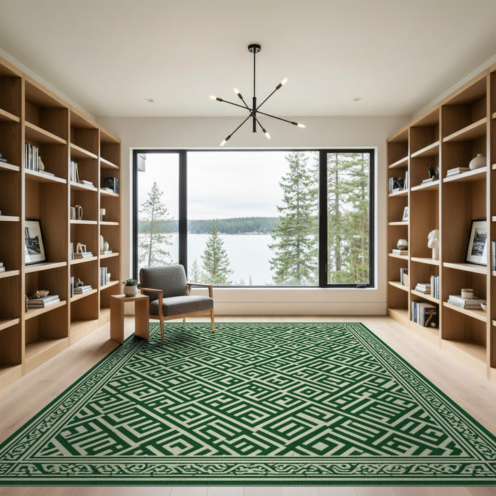 Green Geometric Maze Green Area Rug