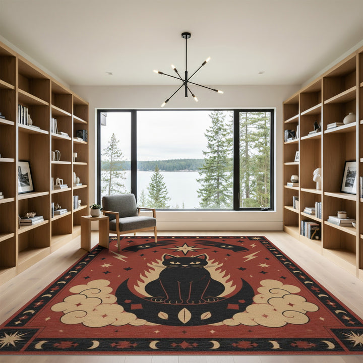 Red Mystical Black Cat Red Area Rug