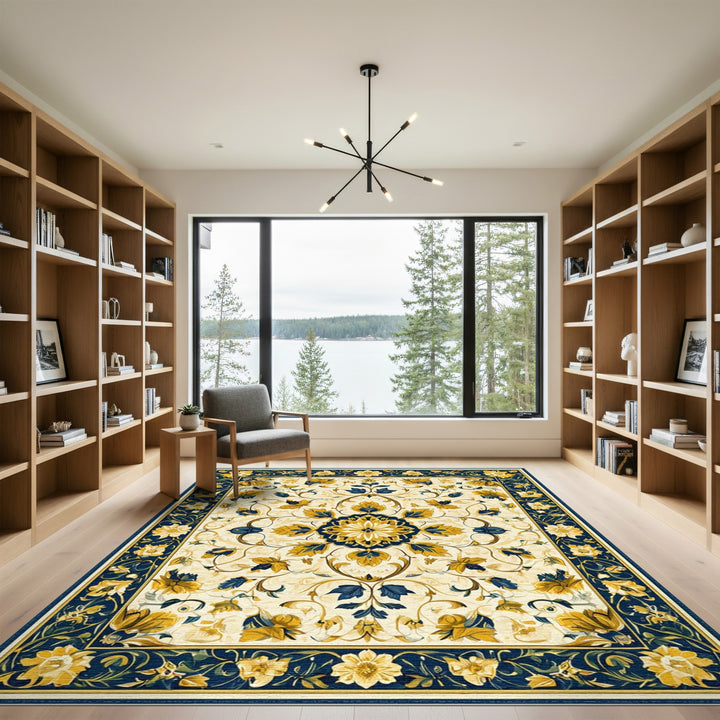 Blue and Gold Floral Medallion Area Rug