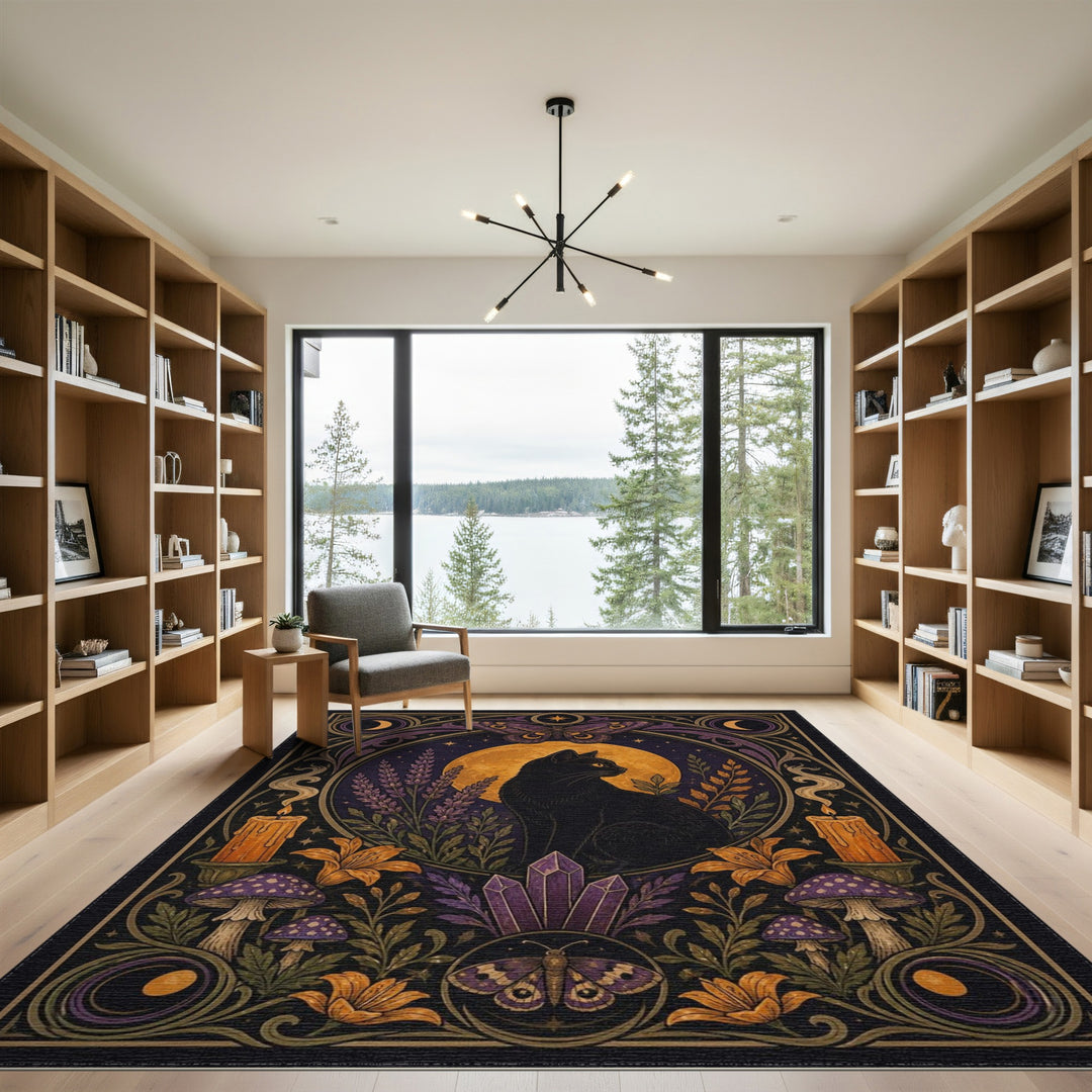 Mystic Black Cat Moon Purple Area Rug