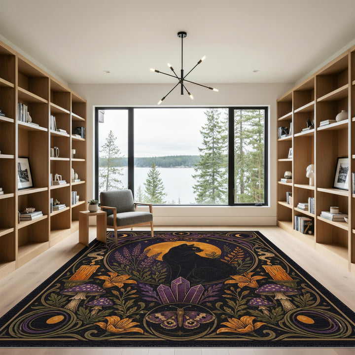 Mystic Black Cat Moon Purple Area Rug
