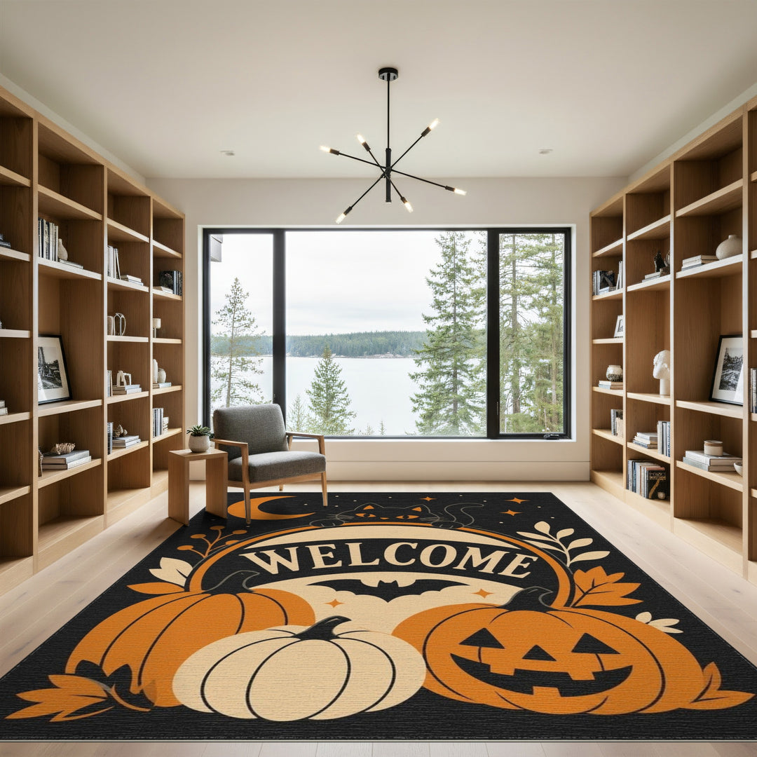 Halloween Welcome Black Cat Pumpkin Area Rug