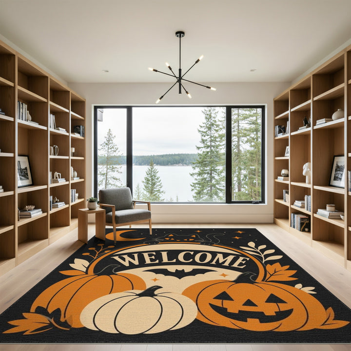 Halloween Welcome Black Cat Pumpkin Area Rug