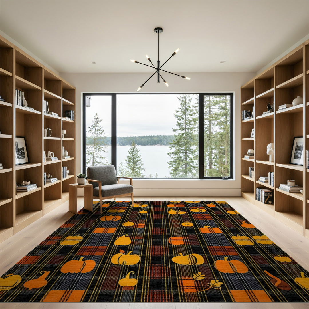 Orange Rustic Farmhouse Orange Pumpkin Plaid Washable Area Rug