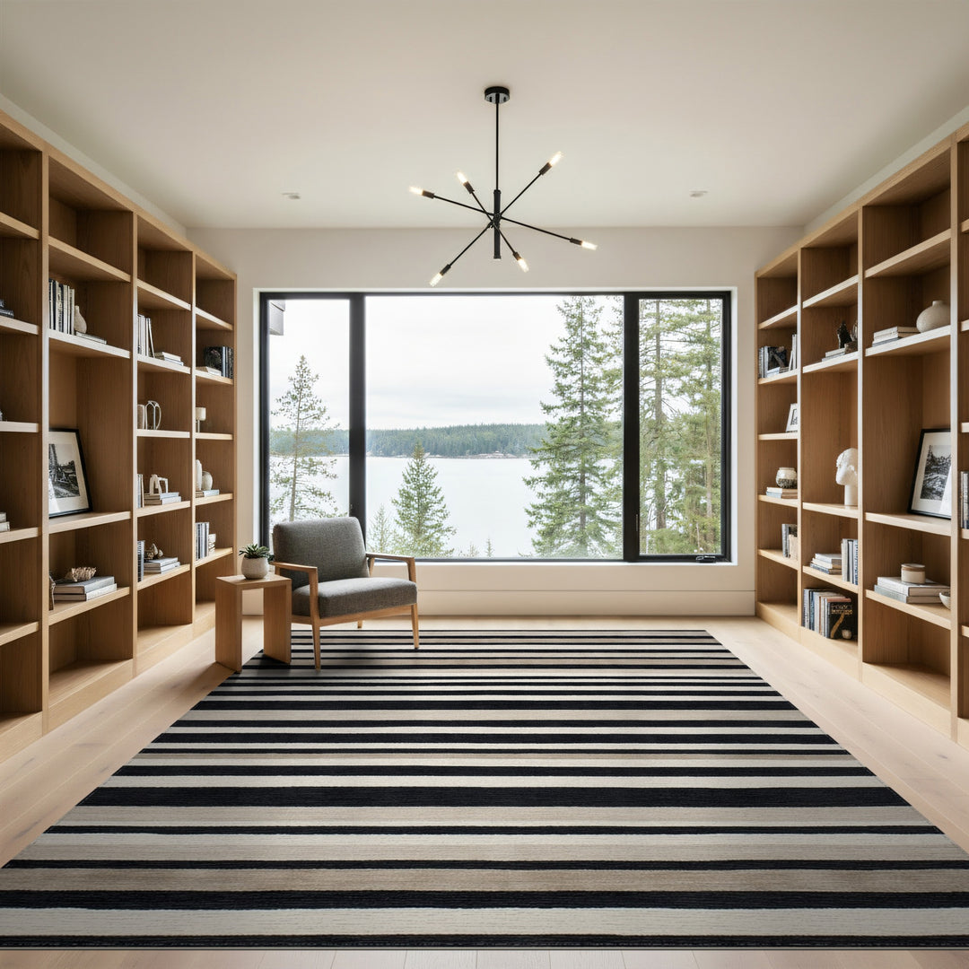 Modern Black White Striped Geometric Black and White Area Rug