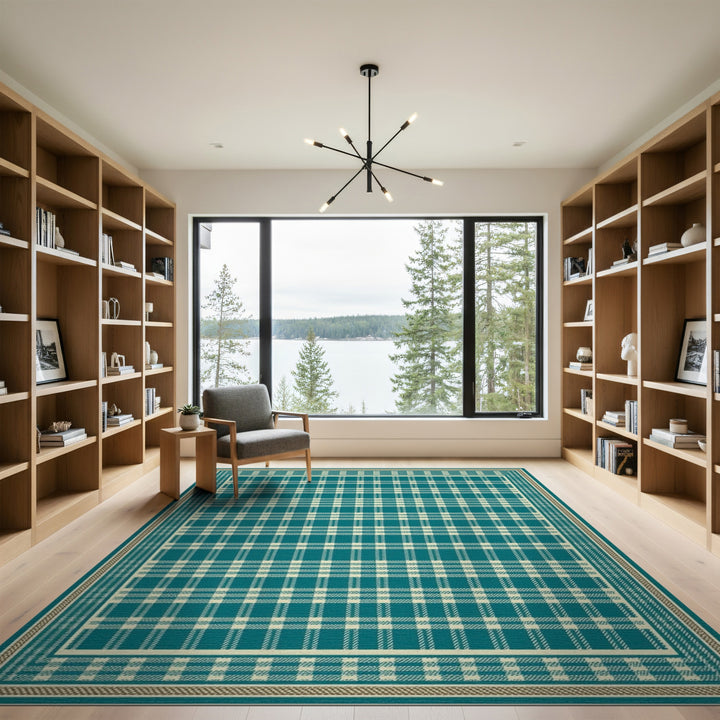 Geometric Modern Teal Plaid Washable Area Rug