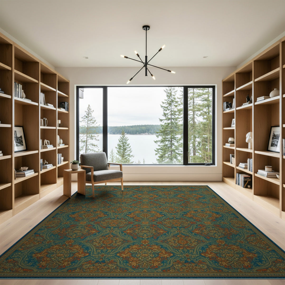 Blue and Teal Persian Medallion Area Rug with Orange Accents