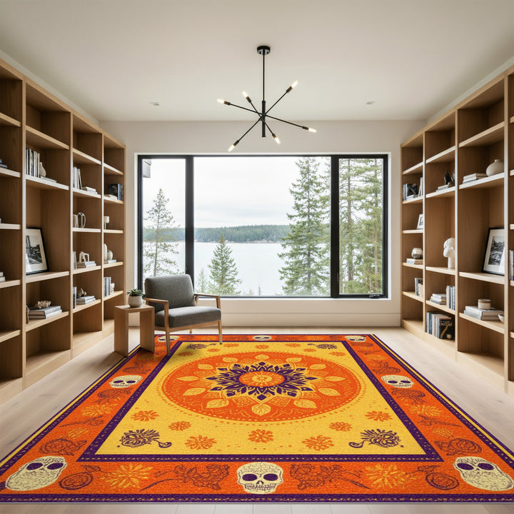 Vibrant Orange Mandala Skull Boho Rug