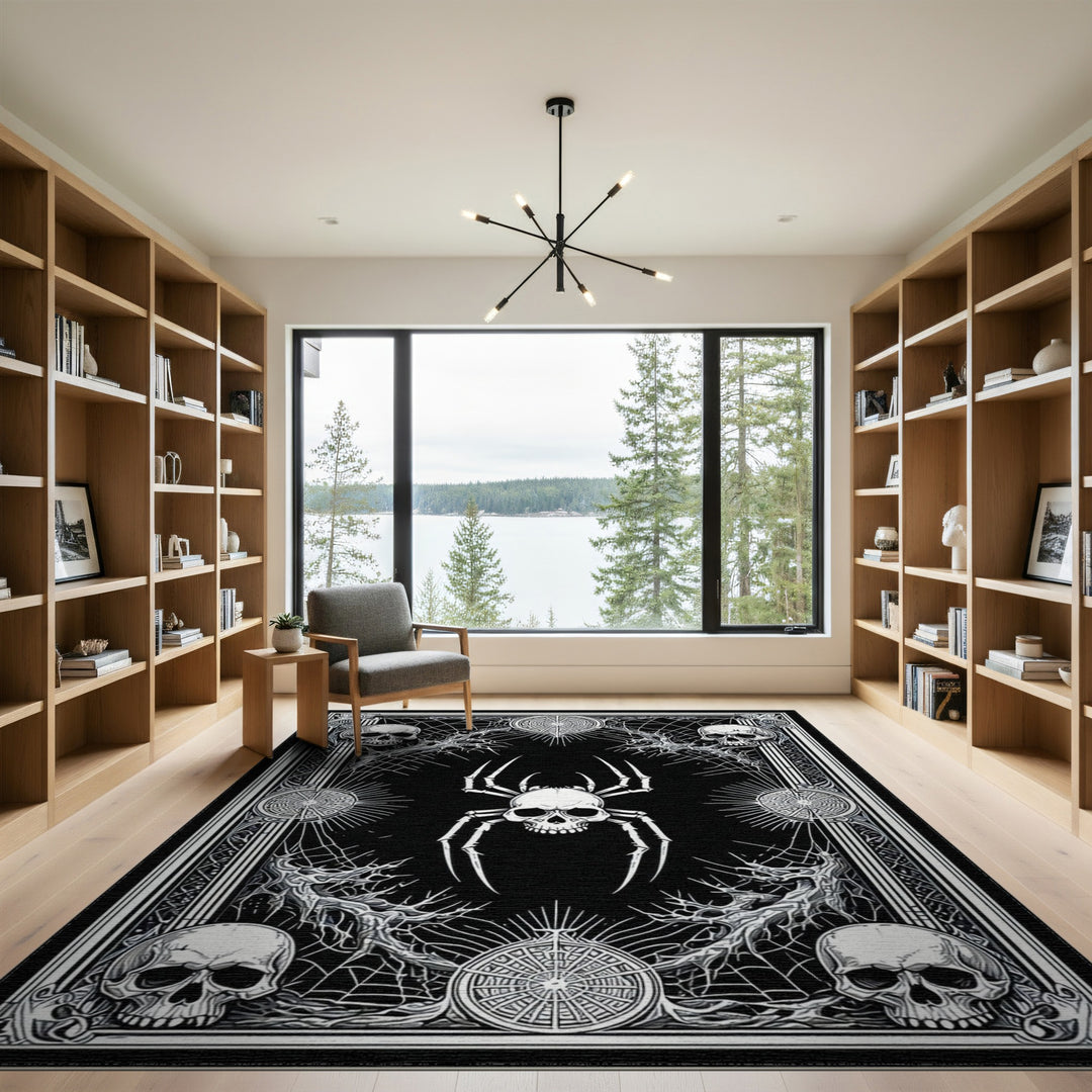 Skull Spider Black White Washable Area Rug