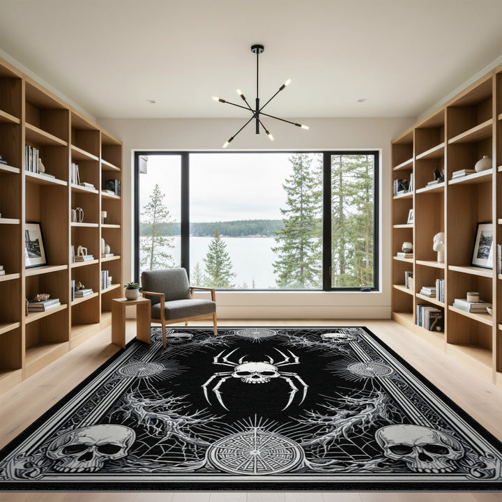 Skull Spider Black White Washable Area Rug