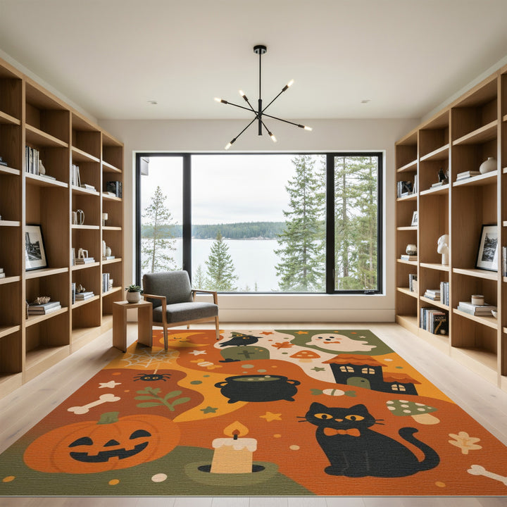Multi-color and Patterns Halloween Black Cat Kids Cartoon Area Rug