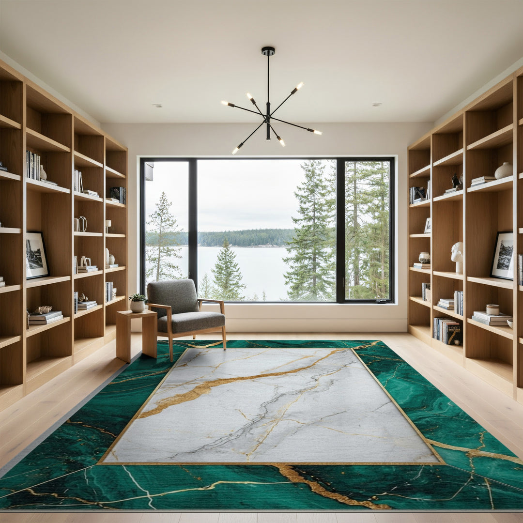 Luxury Green Marble Gold Frame Area Rug