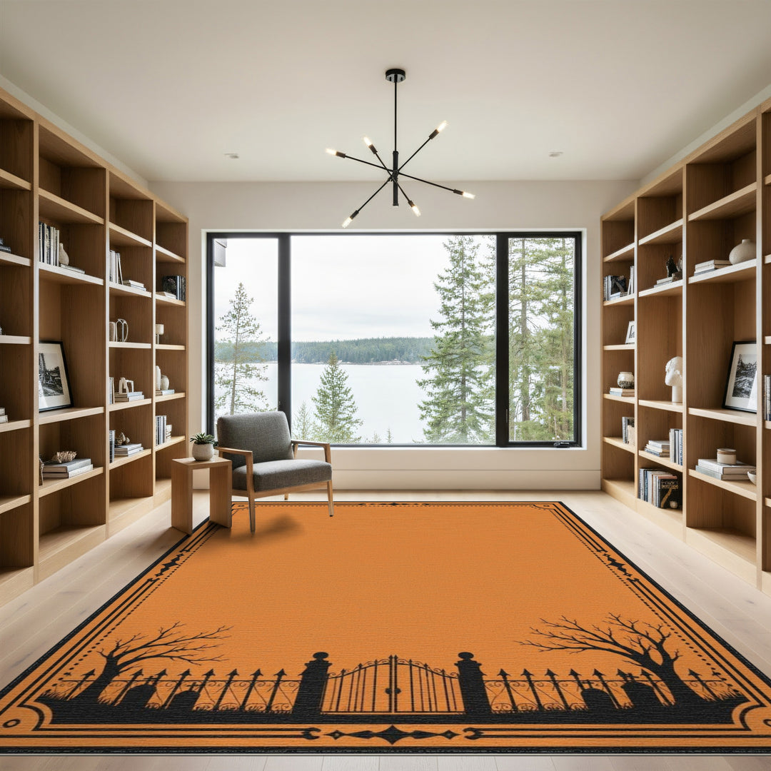 Orange Graveyard Gate Silhouette Area Rug