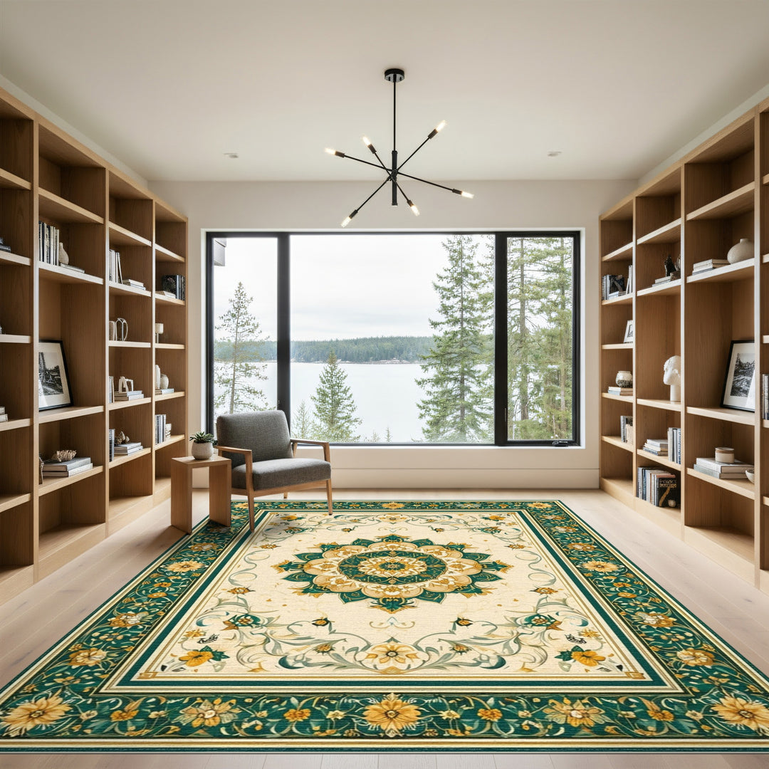 Blue and Teal Gold Floral Persian Medallion Rug