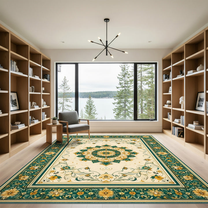 Blue and Teal Gold Floral Persian Medallion Rug