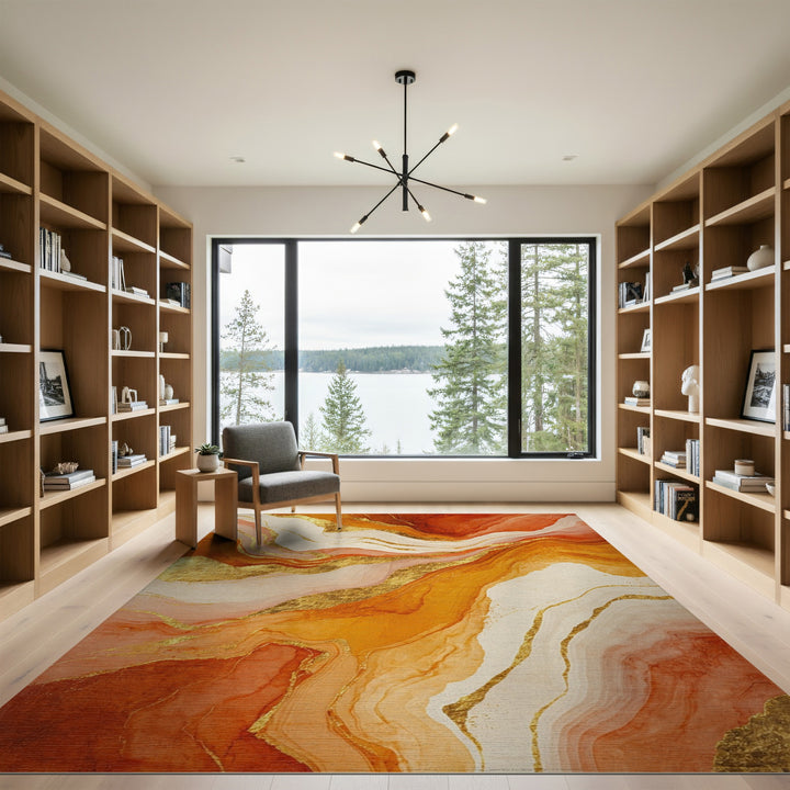 Orange Gold Abstract Marble Area Rug