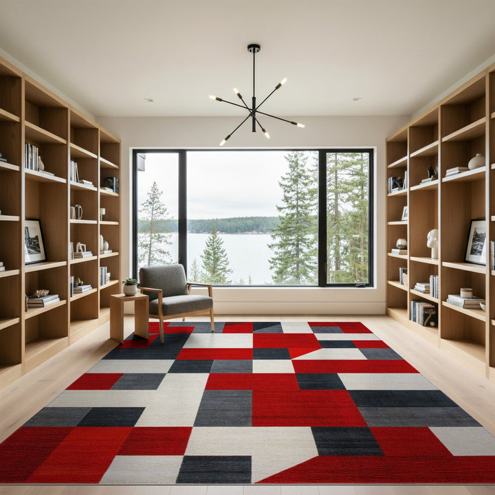 Red Geometric Block Area Rug