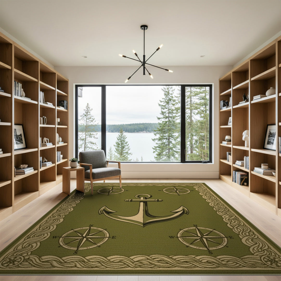 Green Nautical Anchor Area Rug