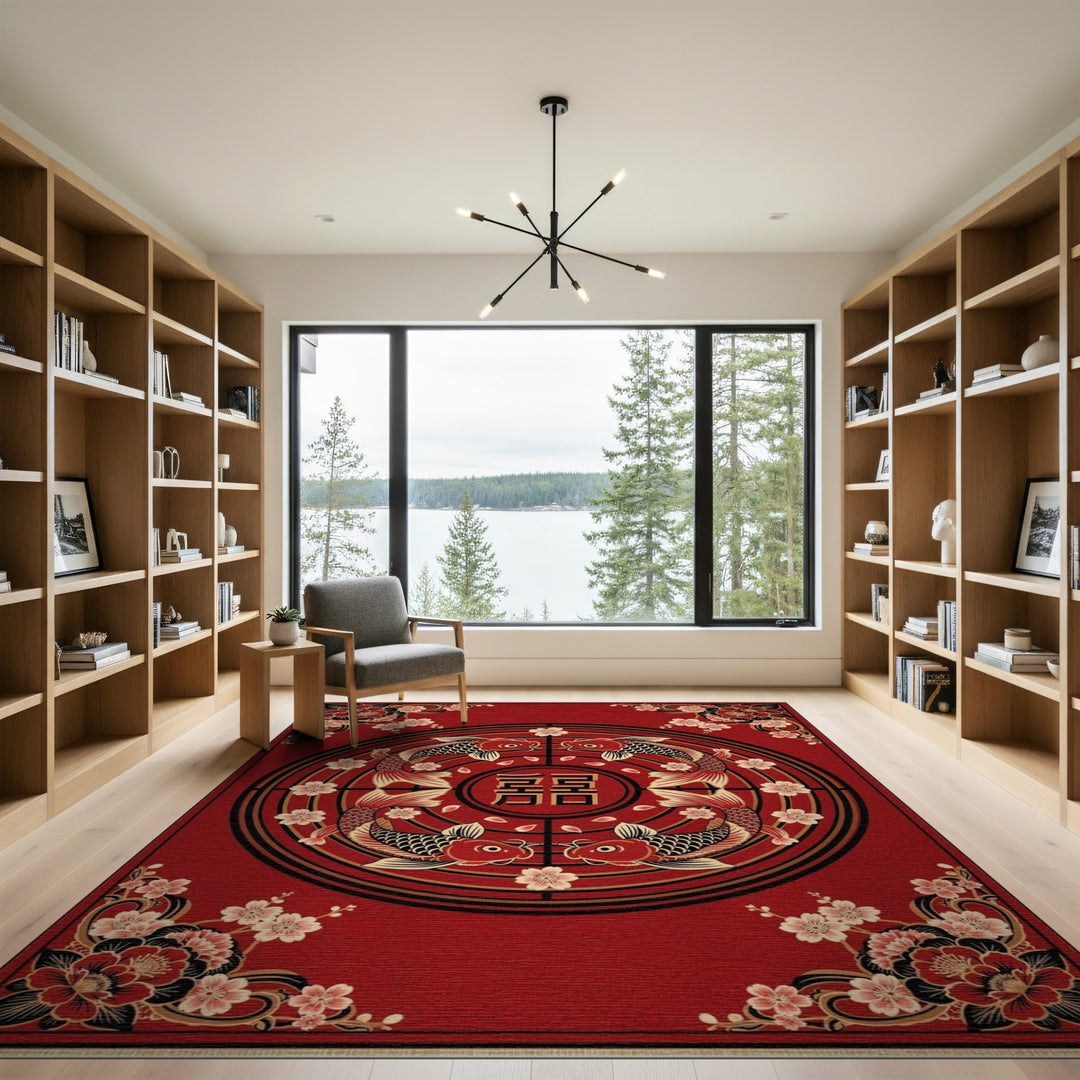Red Koi Fish Cherry Blossom Area Rug