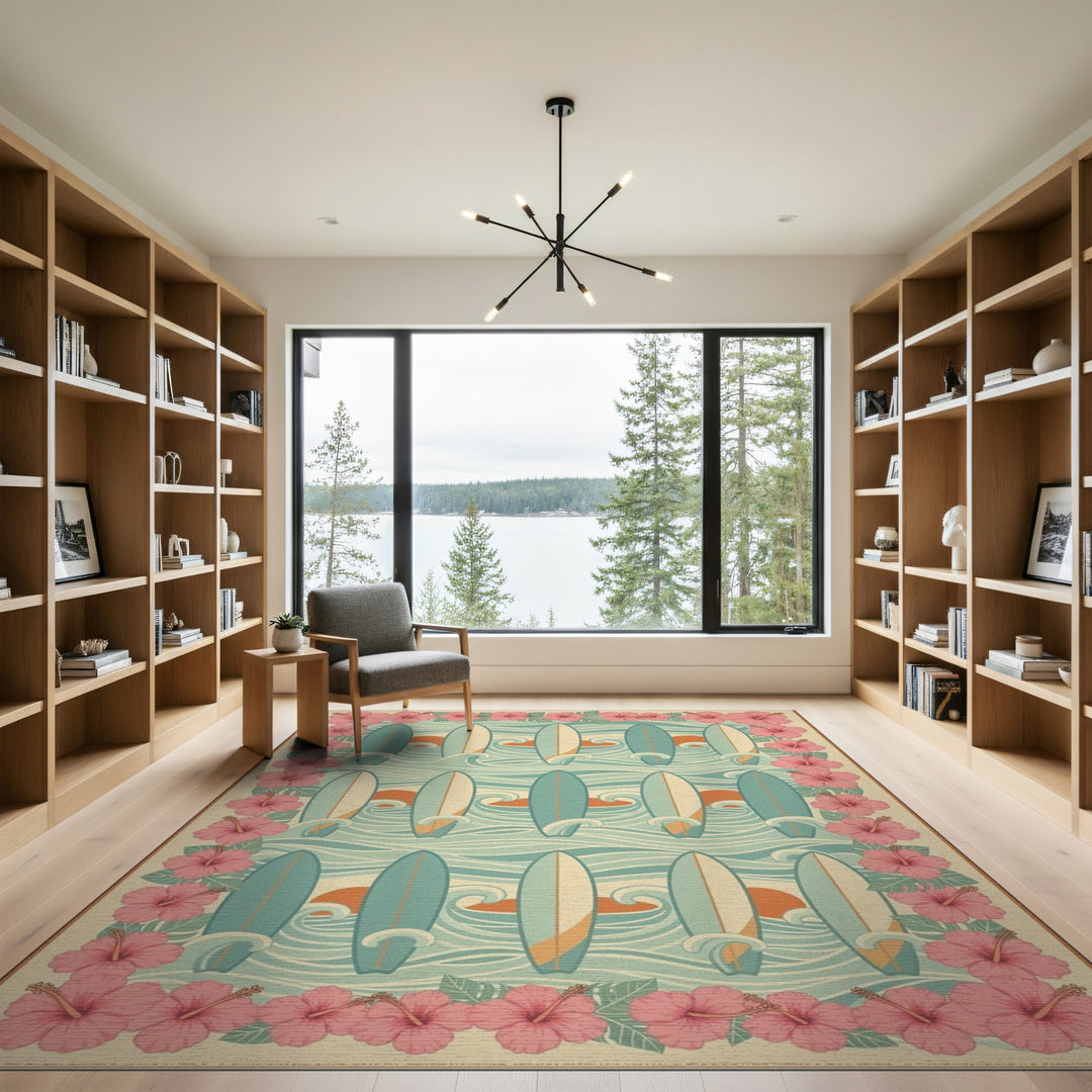 Surfboard Wave Hibiscus Coastal Area Rug