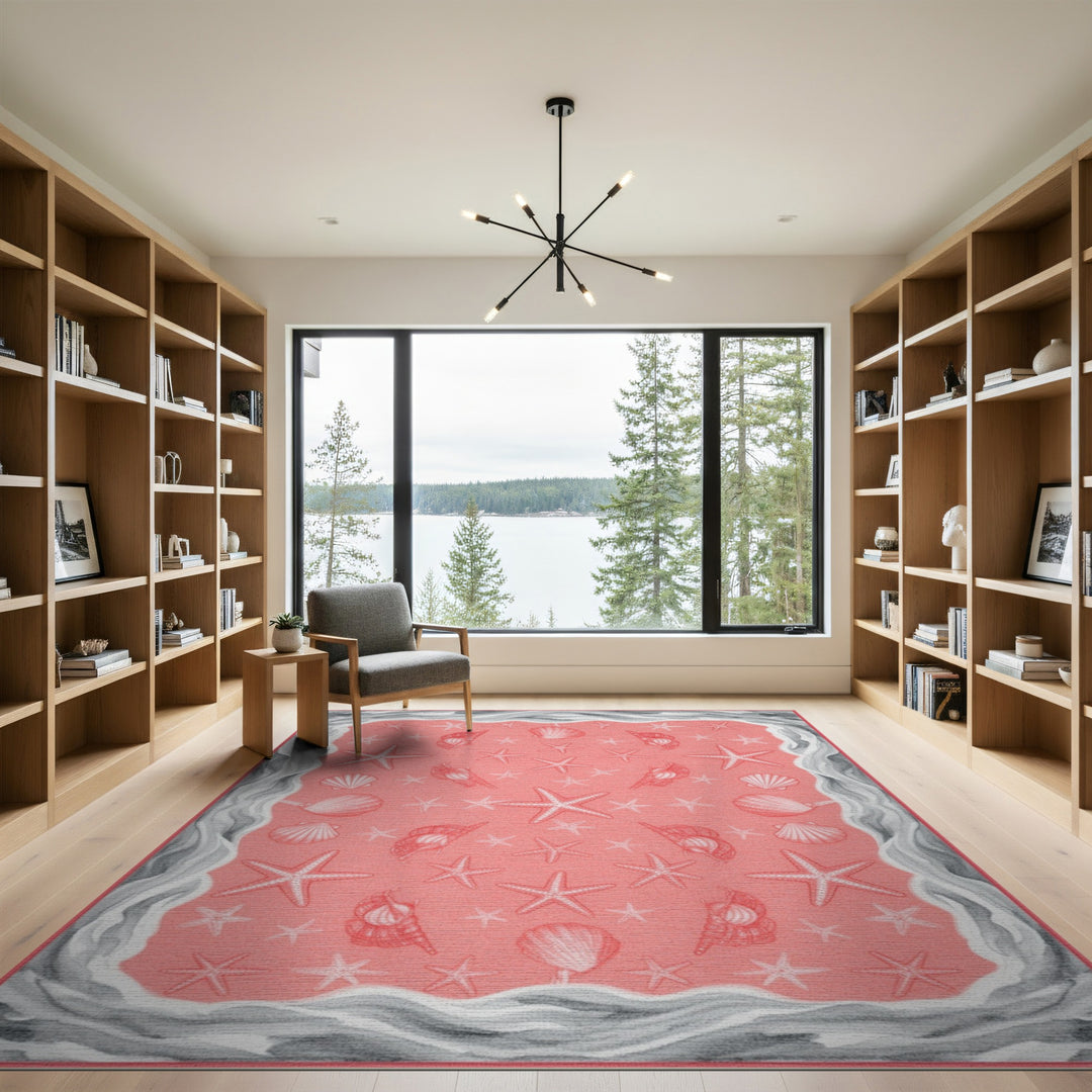 Pink Coastal Beach Pink Coastal Seashell Starfish Area Rug