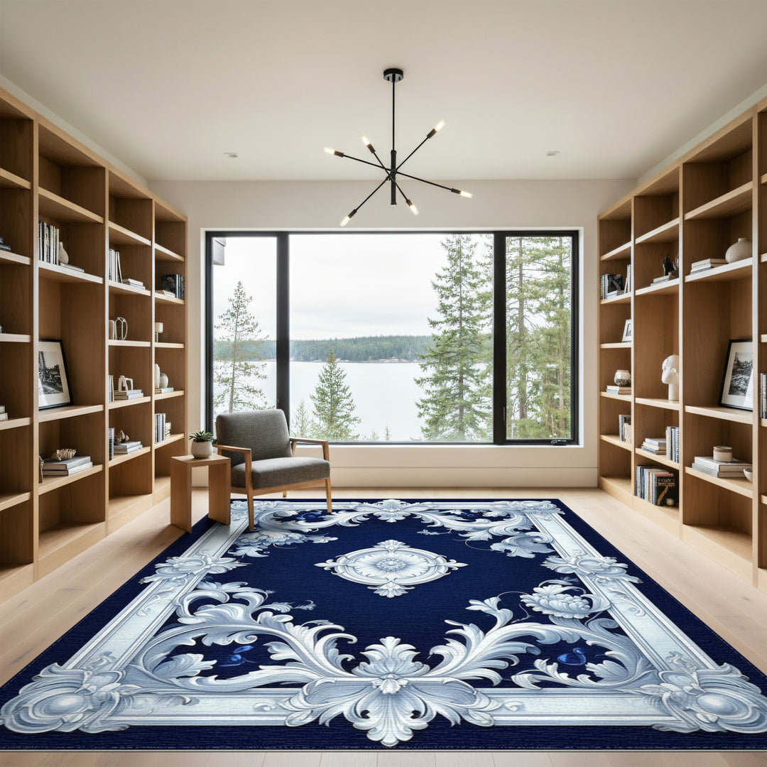 Navy Blue Floral Scrollwork Vintage Rug
