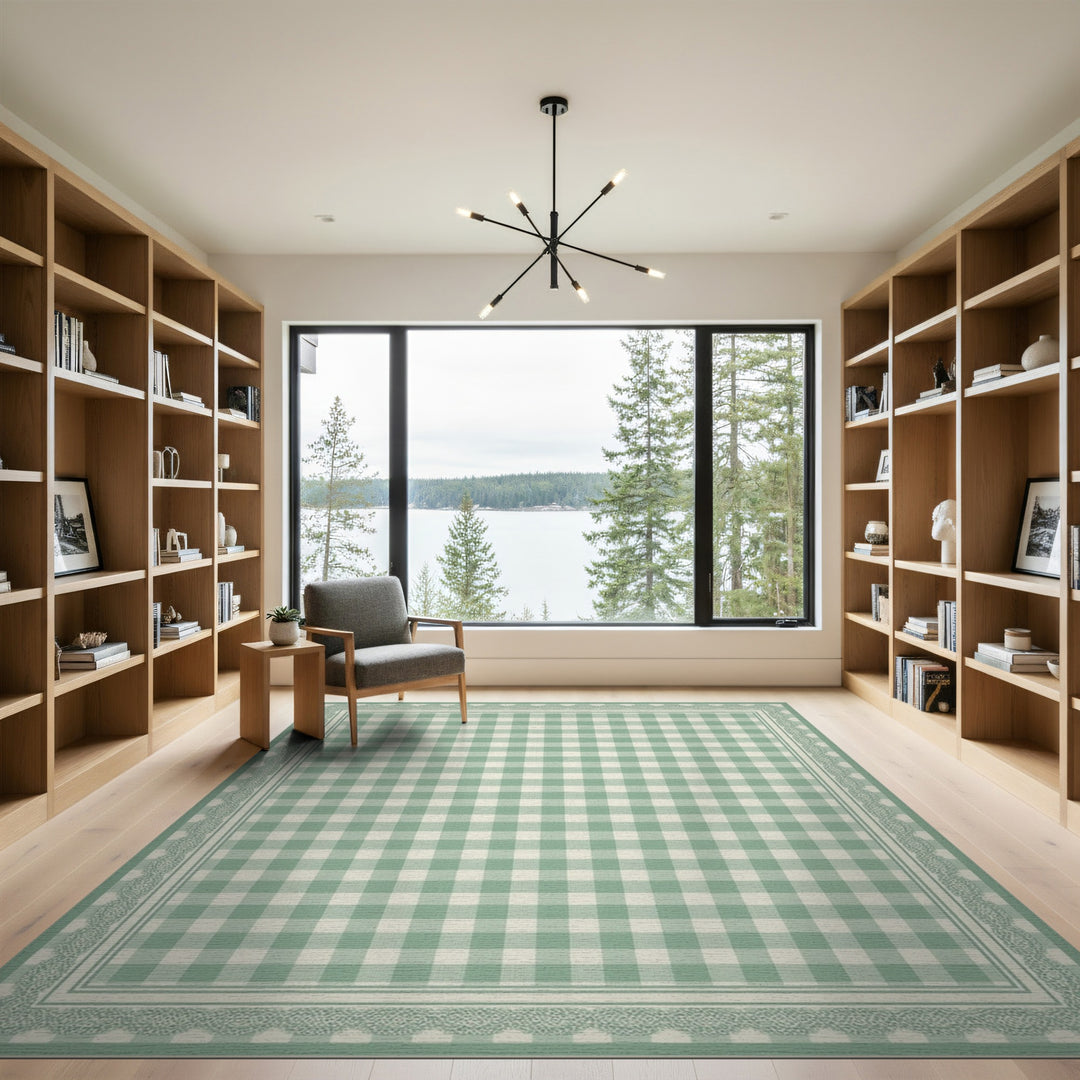 Sage Green Gingham Checkered Area Rug