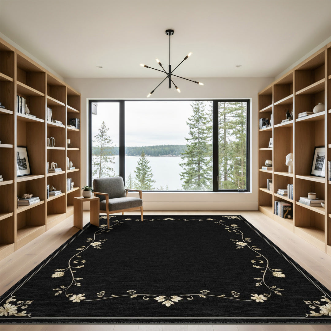 Black Floral Vintage Border Area Rug