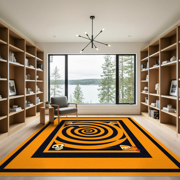 Orange Spiral Skull Washable Area Rug