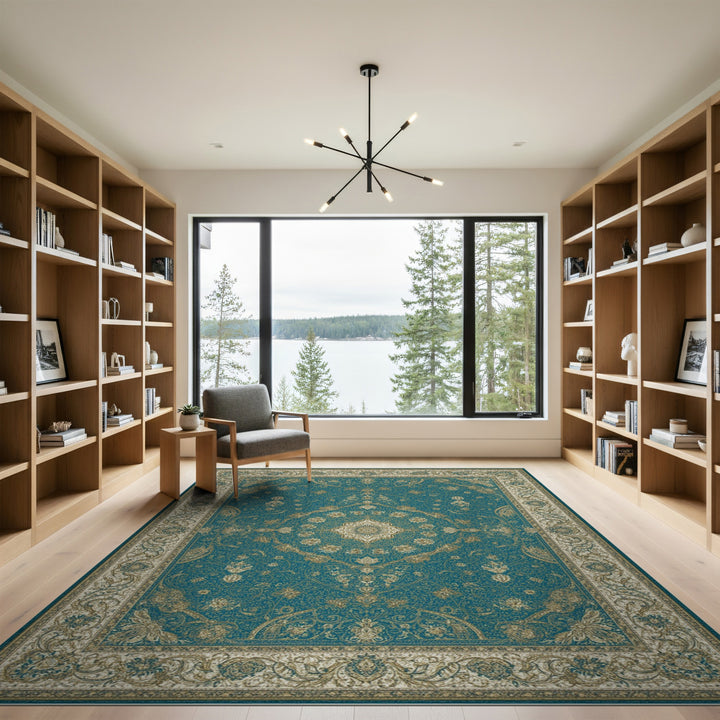 Traditional Persian Gold Teal Gold Persian Medallion Area Rug