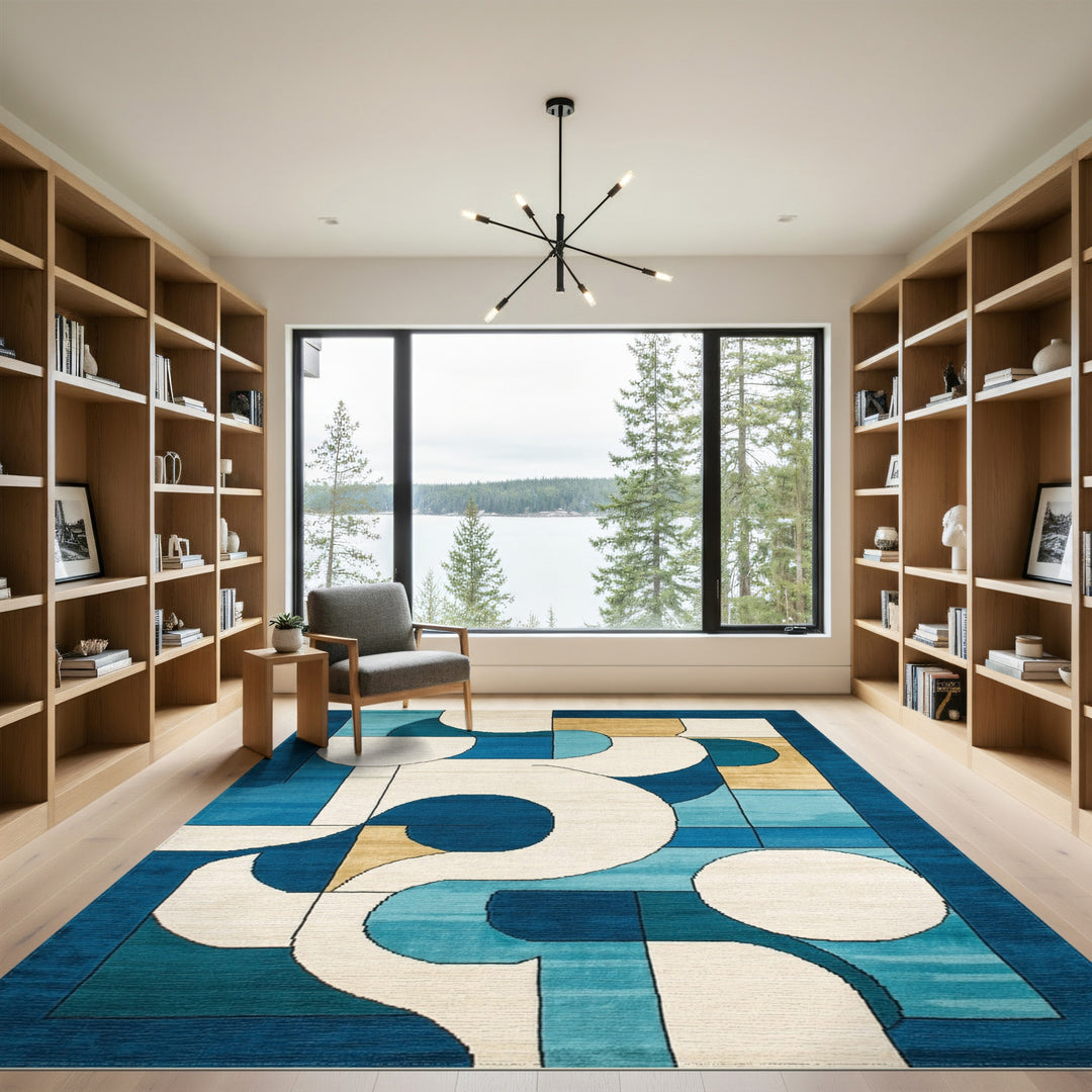 Blue Teal Geometric Abstract Area Rug