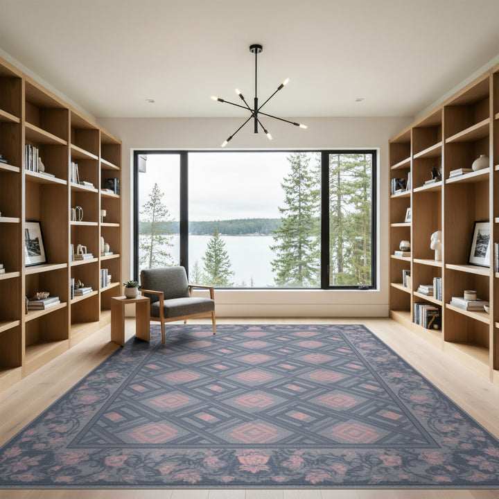 Blue Geometric Pink Floral Border Rug