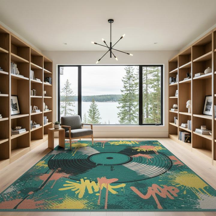 Teal Vinyl Record Graffiti Washable Area Rug