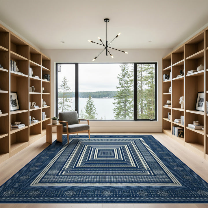 Blue and Teal Blue Concentric Geometric Area Rug