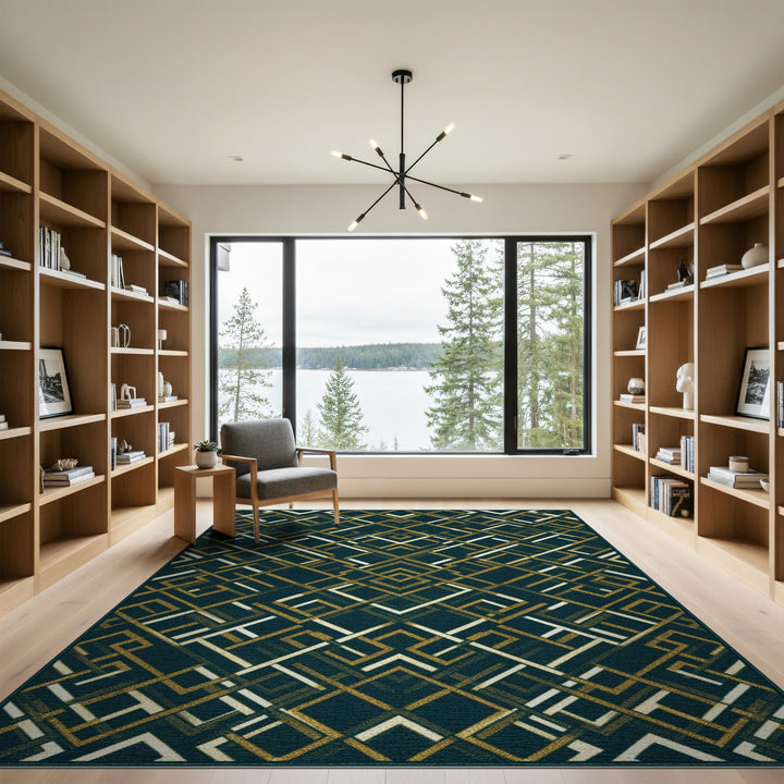 Blue and Teal Geometric Gold Area Rug