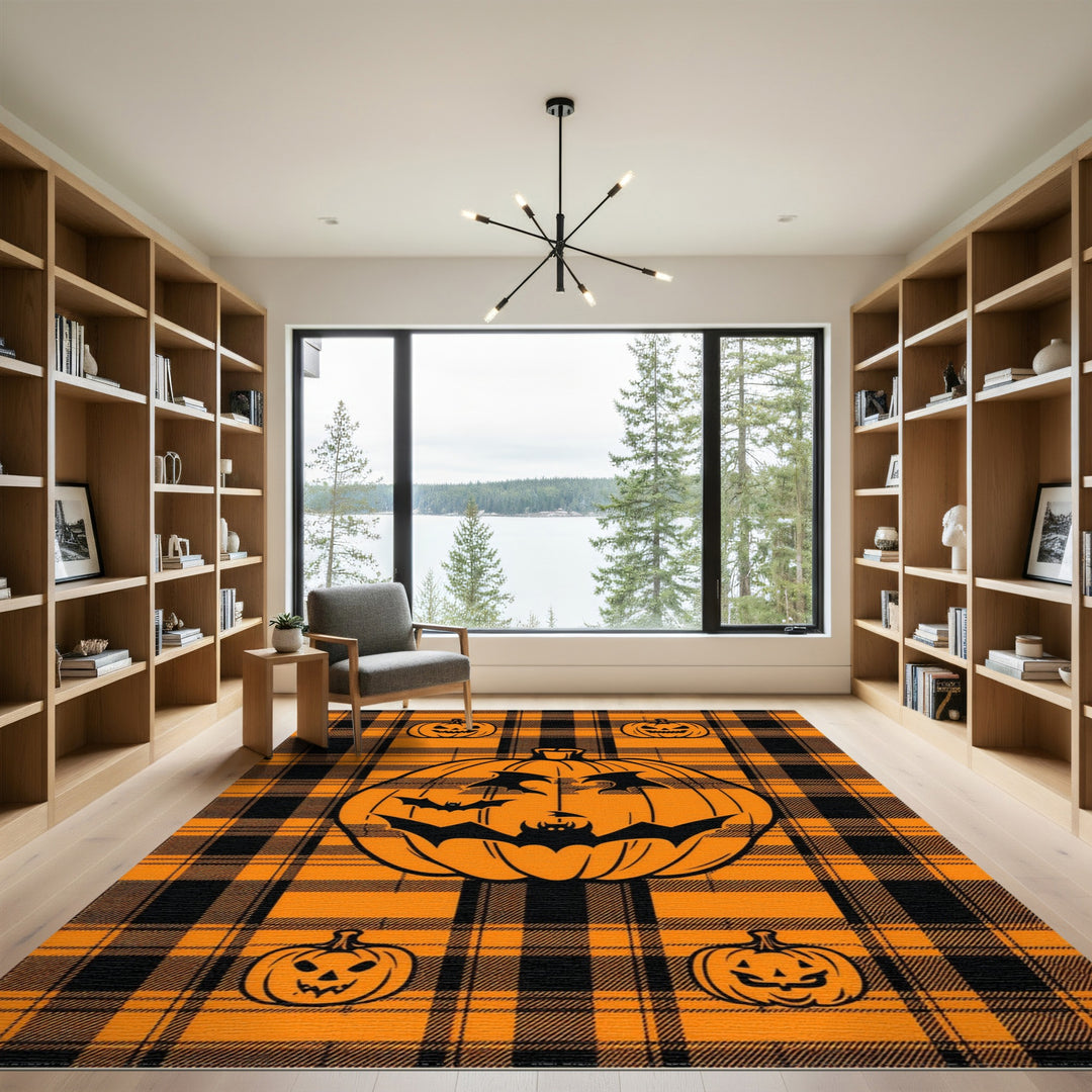 Halloween Pumpkin Bat Orange Plaid Area Rug