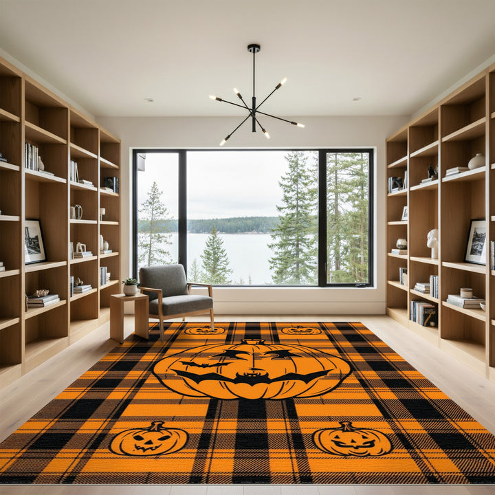 Halloween Pumpkin Bat Orange Plaid Area Rug