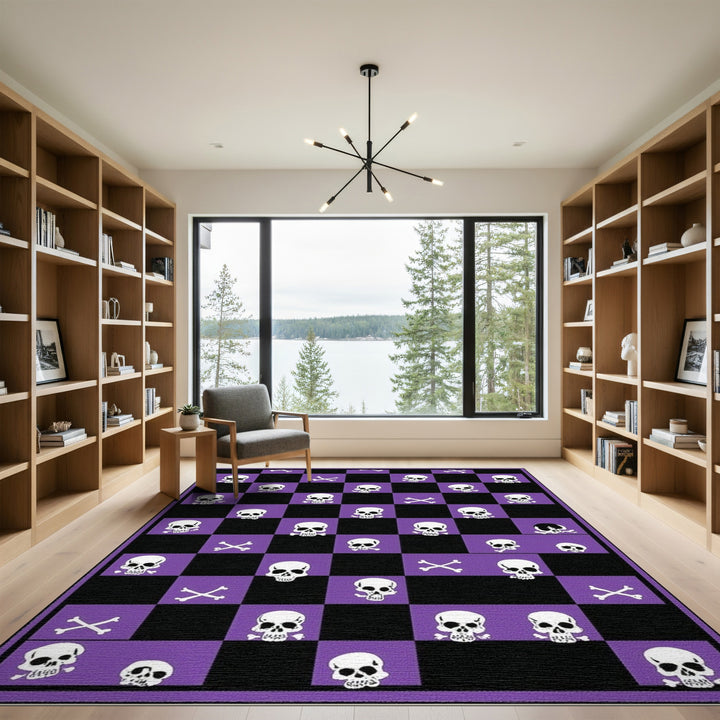 Purple Skull Checkered Washable Area Rug