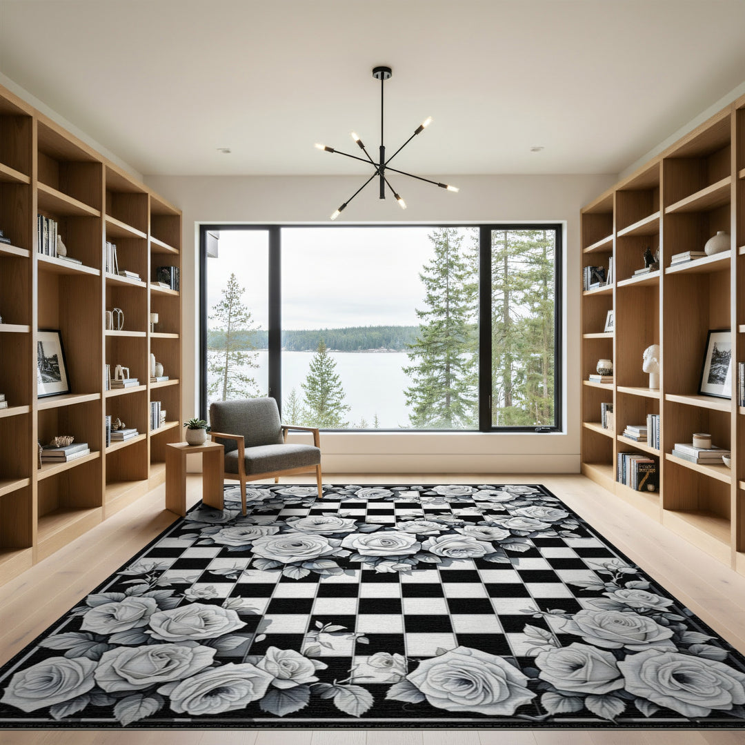 Black White Rose Checkerboard Area Rug