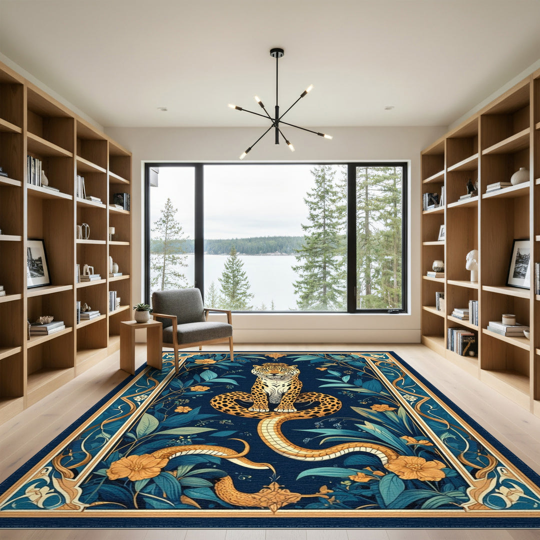 Blue Jungle Leopard Serpent Area Rug