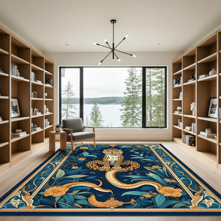Blue Jungle Leopard Serpent Area Rug