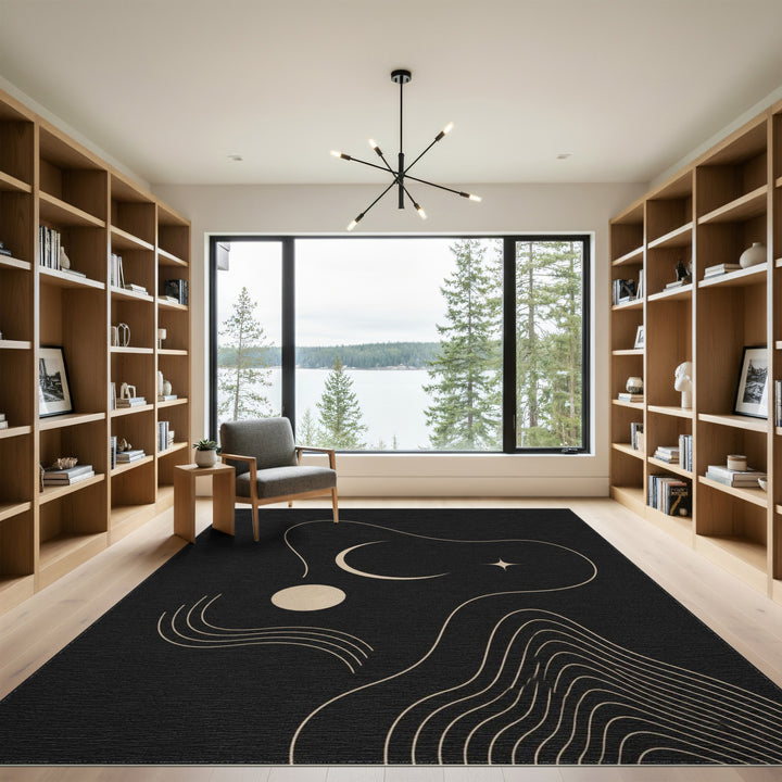 Black Abstract Moon Star Area Rug