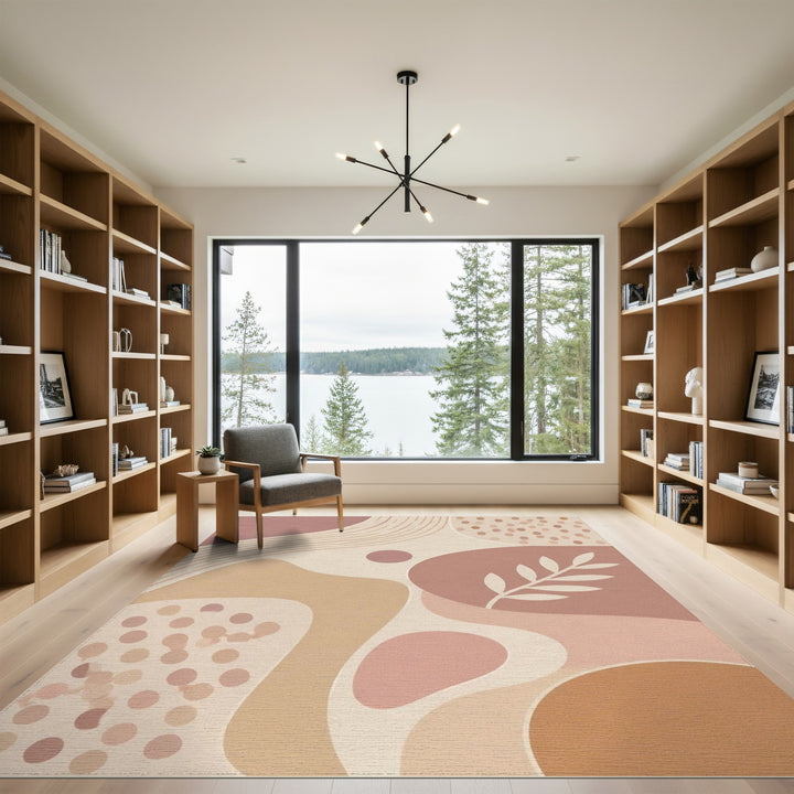 Abstract Neutral Beige Area Rug with Leaf Motif