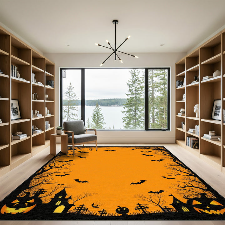 Spooky Halloween Orange Bat Area Rug