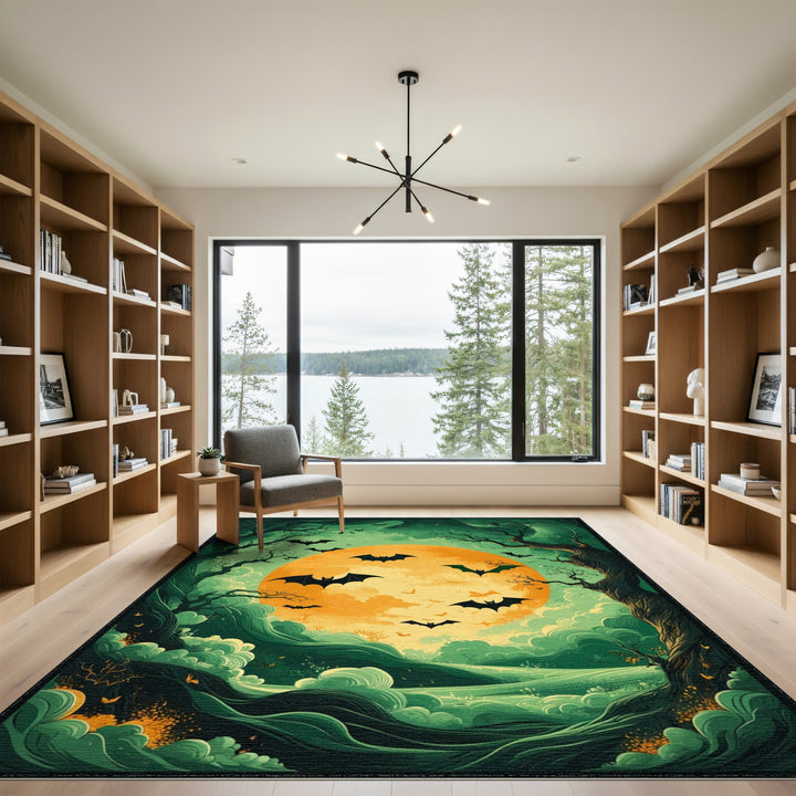 Bats Over Glowing Moon Green Area Rug