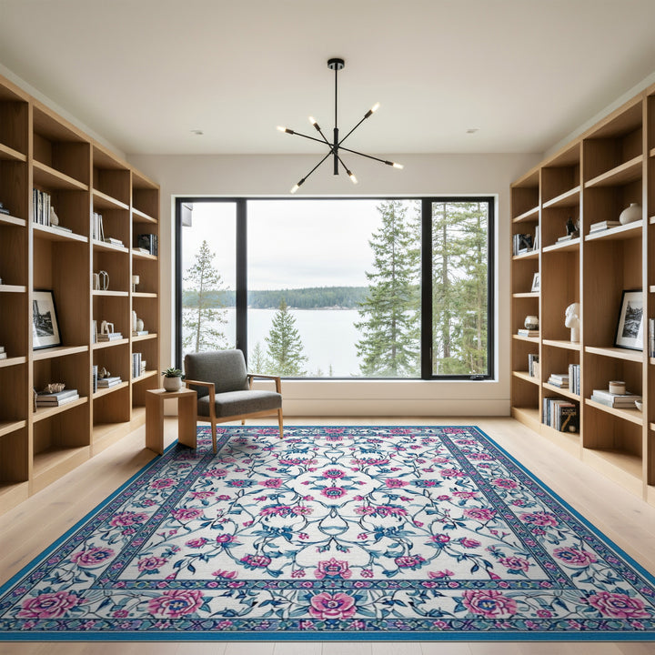 Blue and Teal Blue Pink Floral Vintage Area Rug