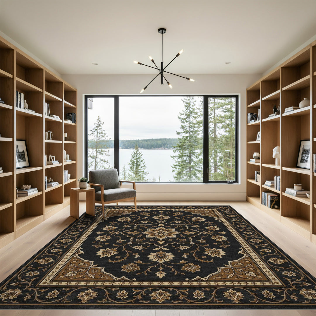 Black and White Black Floral Medallion Persian Area Rug