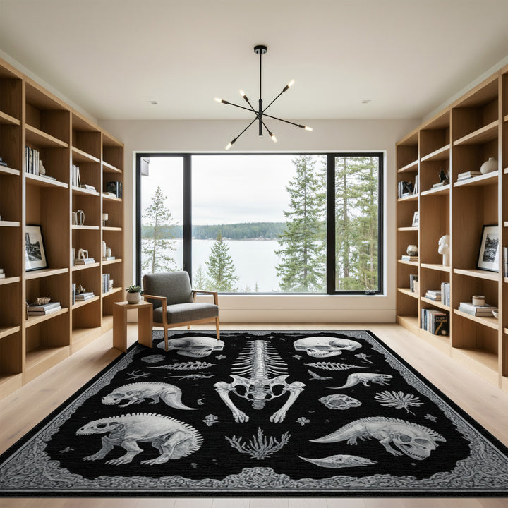 Black and White Dinosaur Skeleton Area Rug