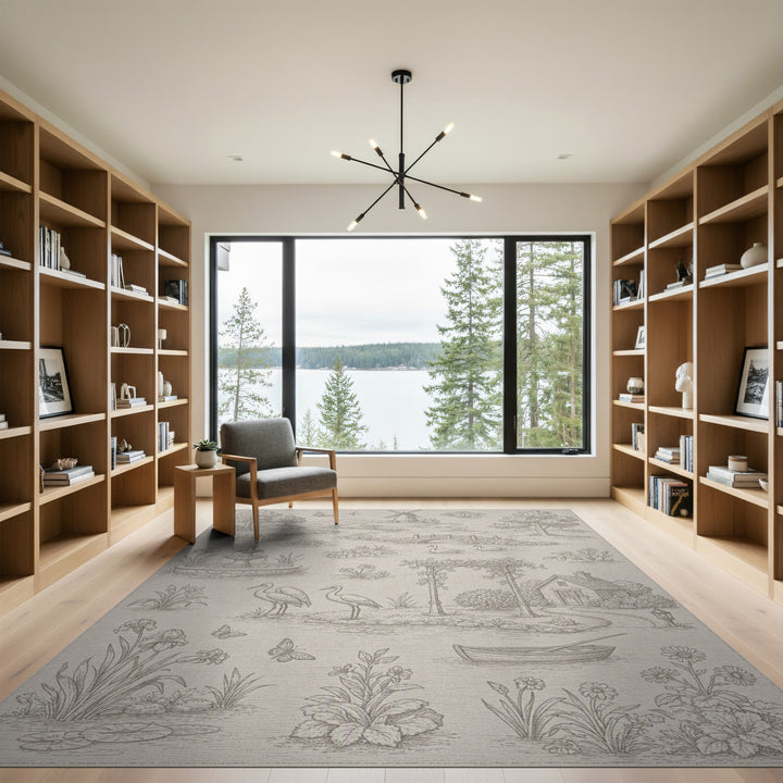 Black White Pastoral Toile Area Rug